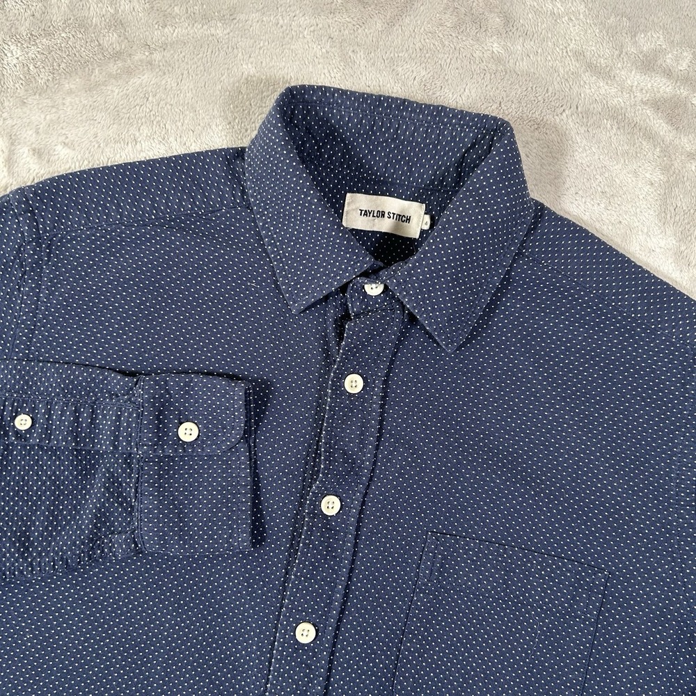 Taylor Stitch Jack Shirt Mens 40 Medium Navy Blue Polka Dot Oxford Button Down